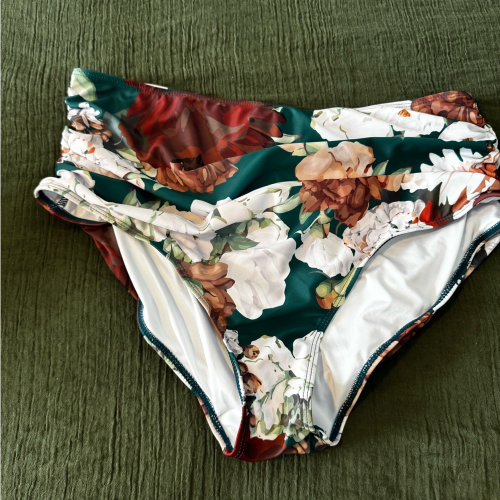 Floral High-Waisted Bikini Bottom with Ruching